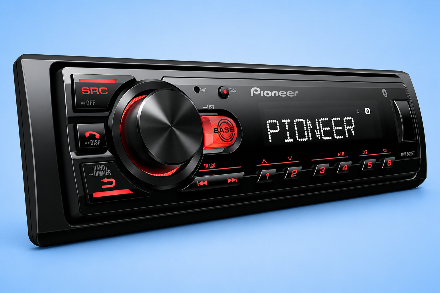 A Pioneer single-DIN car stereo receiver on a blue background.