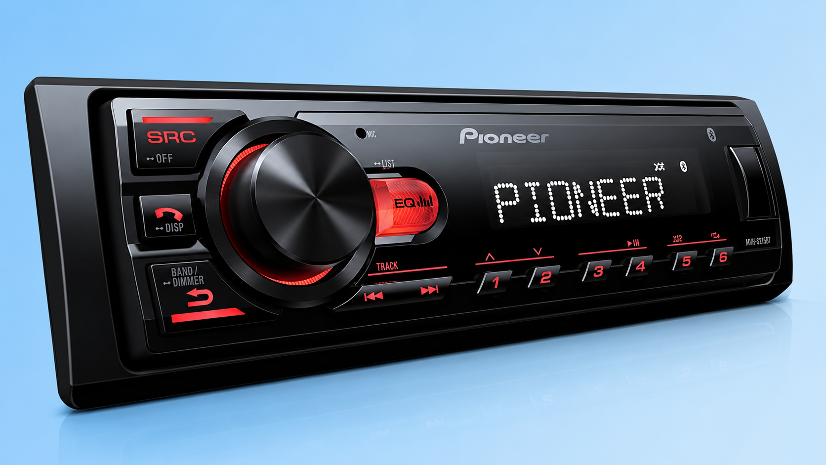 A Pioneer MVH-S215BT single-DIN Bluetooth car stereo receiver with red illumination against a blue background.