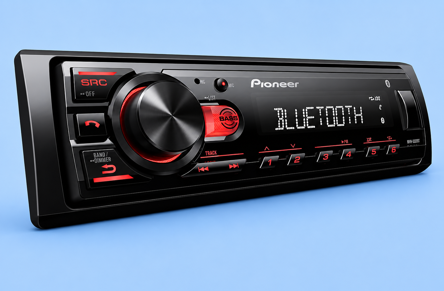 A Pioneer single-DIN car stereo receiver with Bluetooth display on a blue background.