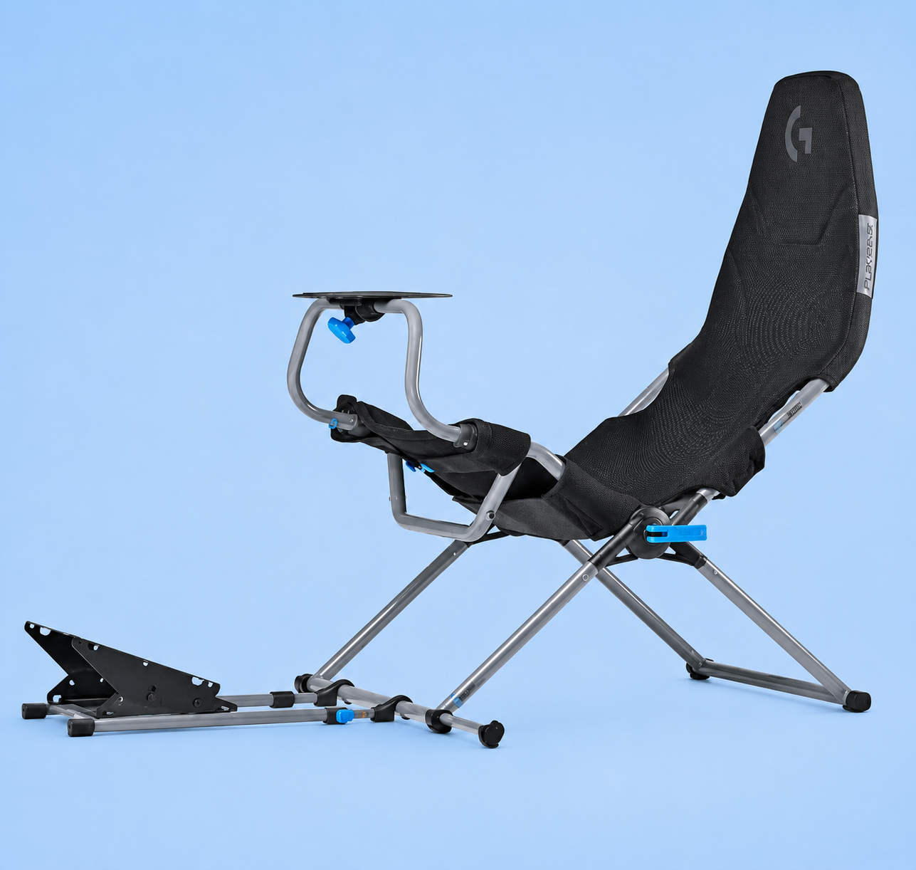 Playseat Logitech gaming cockpit chair on a blue background.