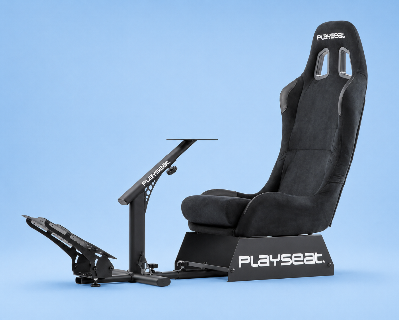A black Playseat racing simulator cockpit chair with a center-post steering wheel stand and an adjustable pedal base plate, set against a solid blue background.