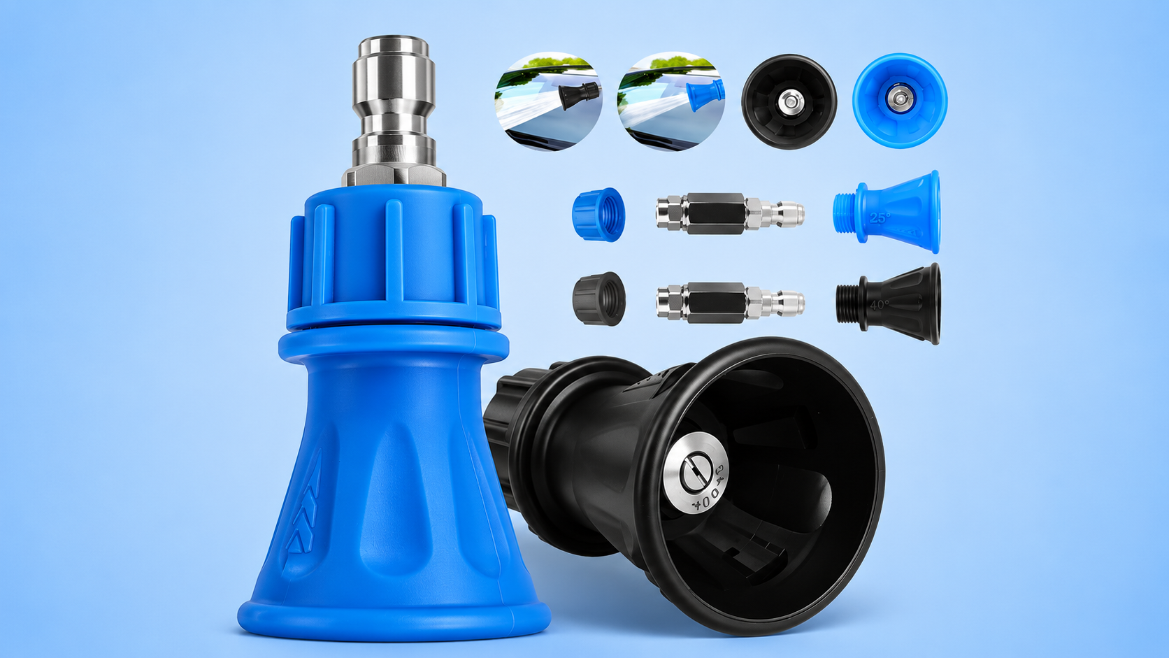 A set of blue and black pressure washer nozzle attachments with quick-connect adapters and a product diagram showcasing spray angles on a blue background.