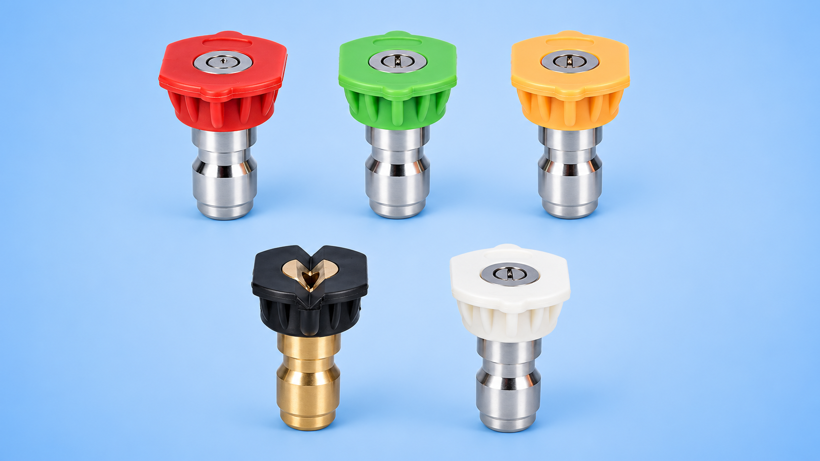 A set of five different colored pressure washer spray nozzle tips with quick-connect plugs arranged against a blue background.