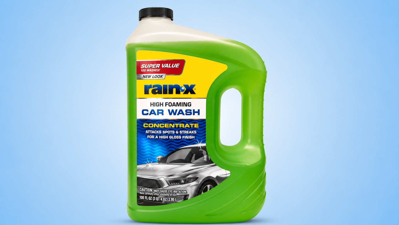 A green jug of Rain-X high foaming car wash concentrate on a blue background.
