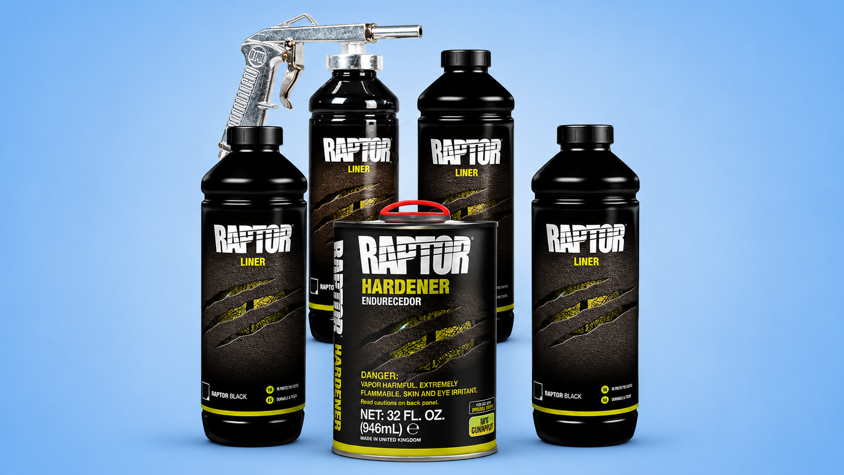 A U-Pol Raptor black truck bed liner kit including spray bottles, hardener, and an application gun against a blue background.