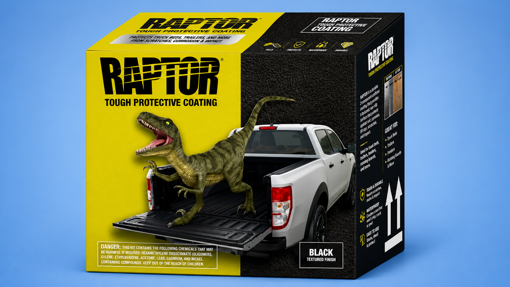 A yellow and black retail box for Raptor Tough Protective Coating, featuring a white pickup truck with a dinosaur in the bed.