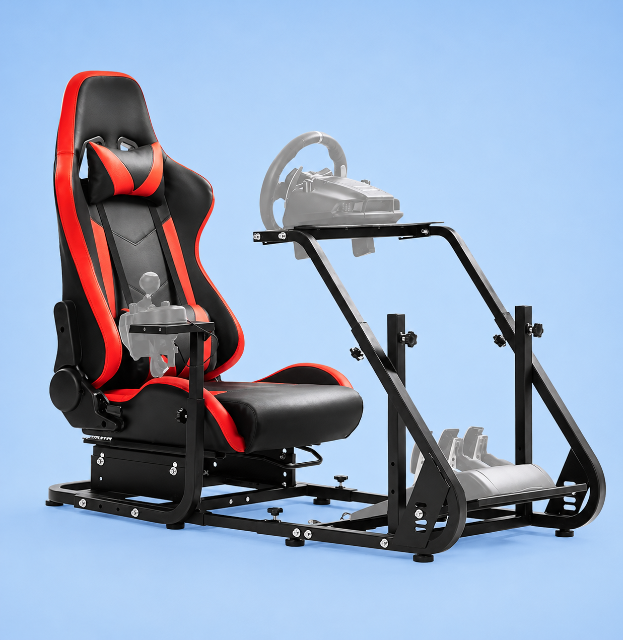 Red and black racing simulator chair on a blue background.