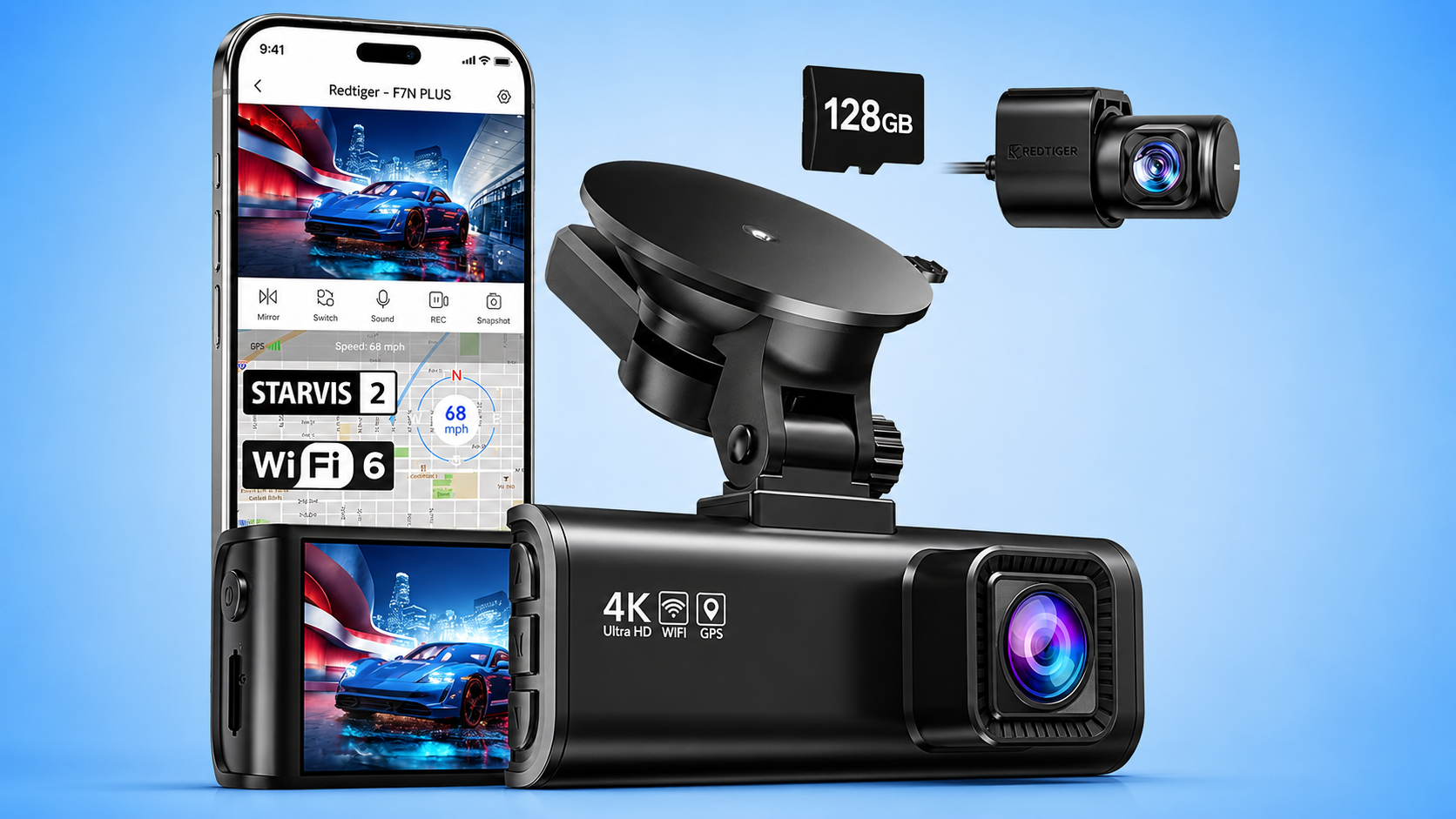 A Redtiger 4K dash cam system with a smartphone app on a blue background.