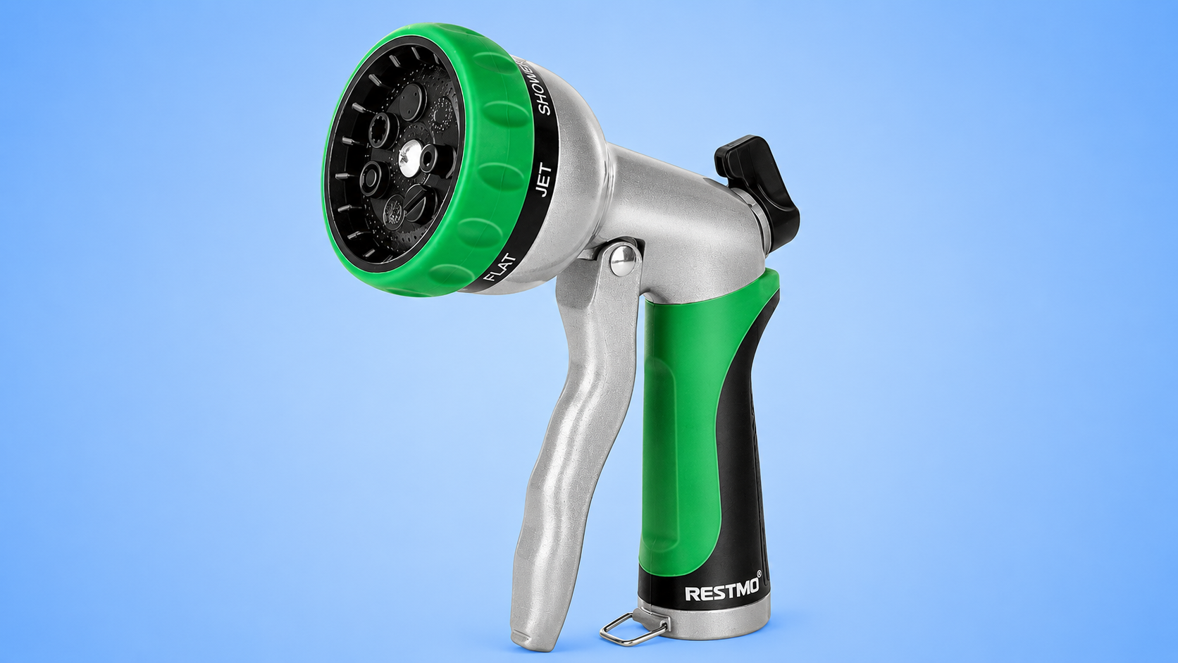 A Restmo multi-pattern garden hose spray nozzle with a green dial, silver trigger, and black grip against a blue background.