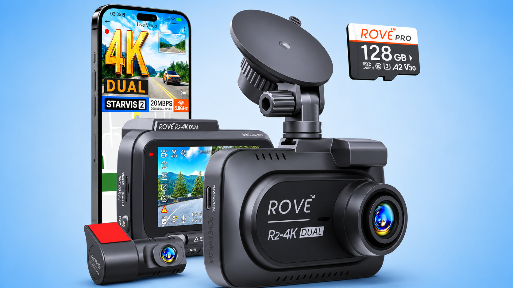 A Rove R2-4K dual dash cam system with a smartphone app interface and memory card.