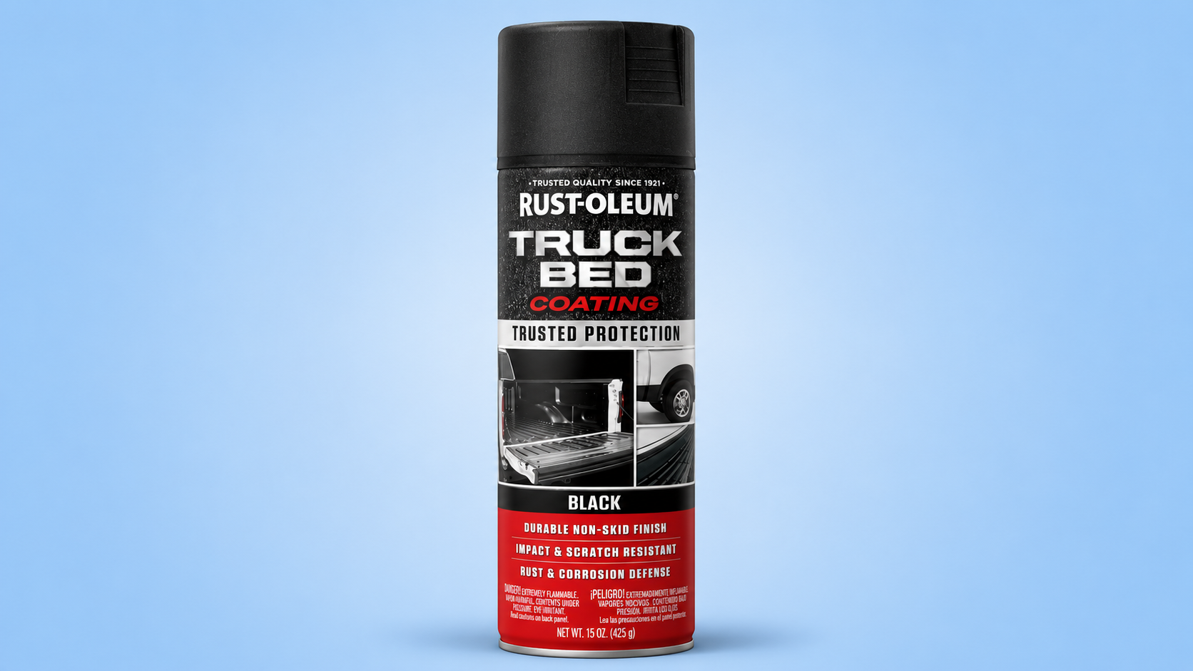 A can of Rust-Oleum black truck bed coating spray against a blue background.