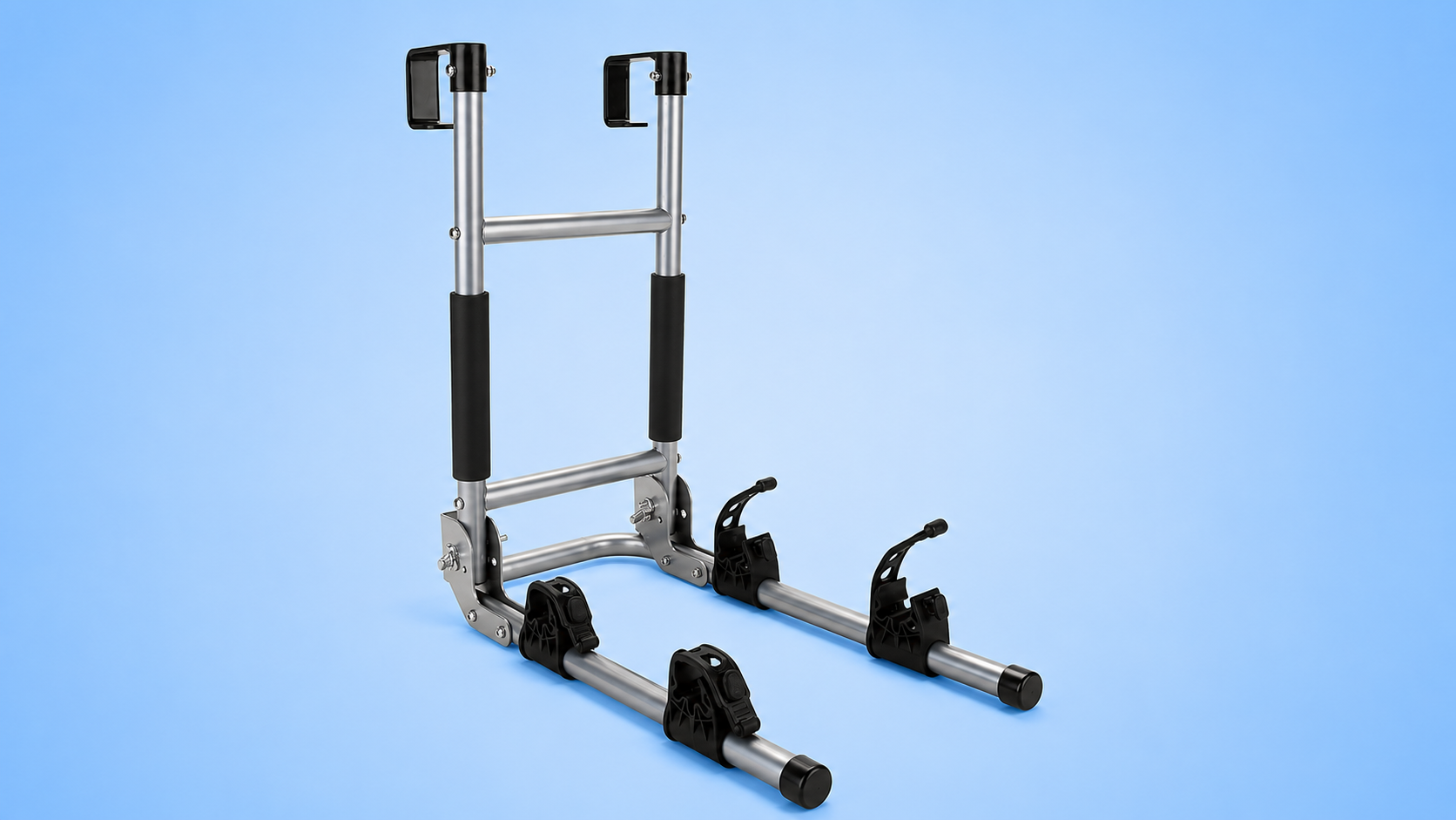 An aluminum RV ladder-mounted bike rack against a blue background.