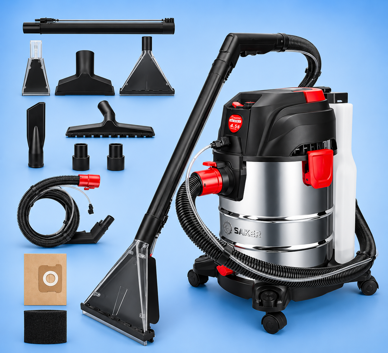 Saker wet dry extractor vacuum cleaner with stainless steel tank and cleaning attachments.