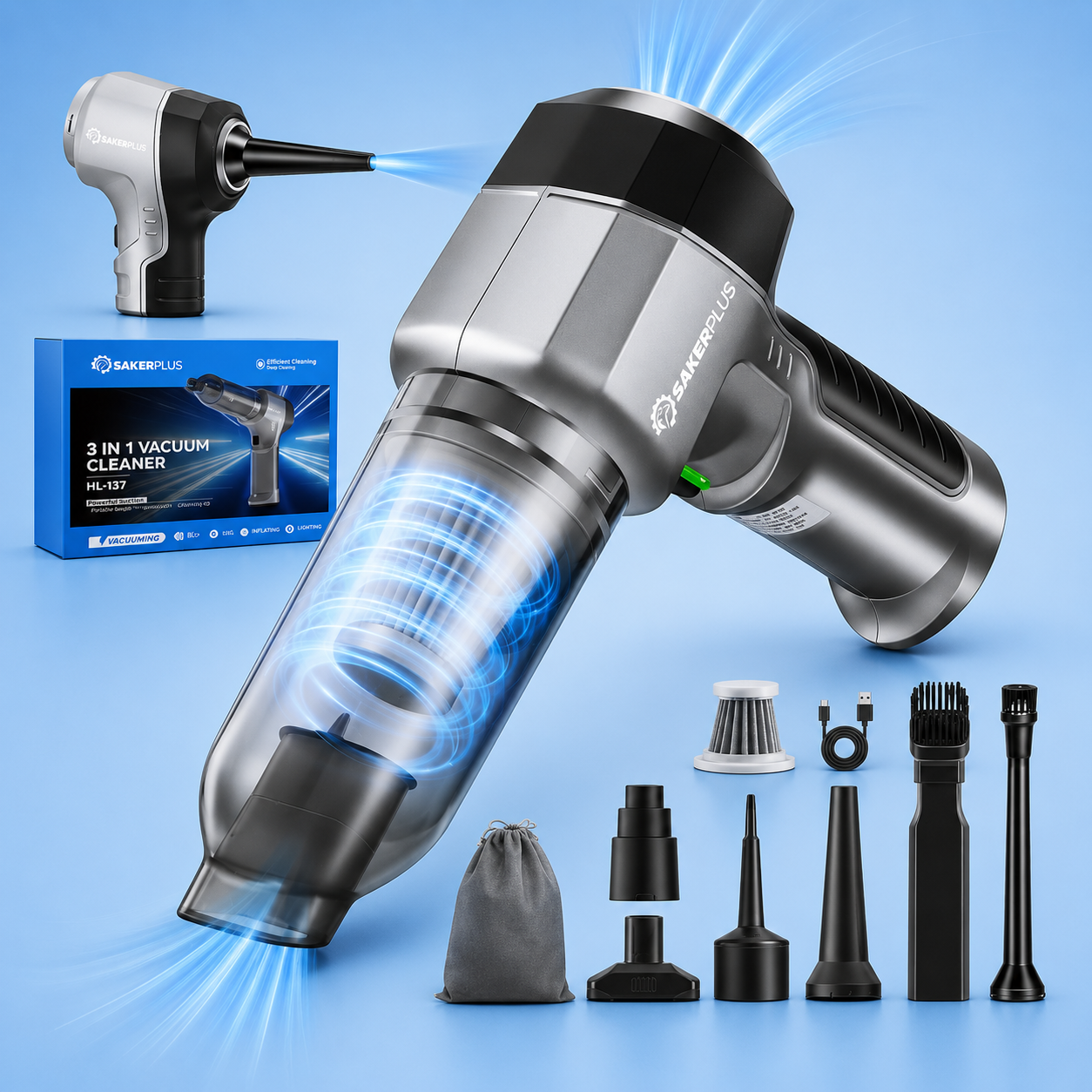 Sakerplus 3-in-1 portable vacuum cleaner with its box, attachments, charging cable, and storage pouch.