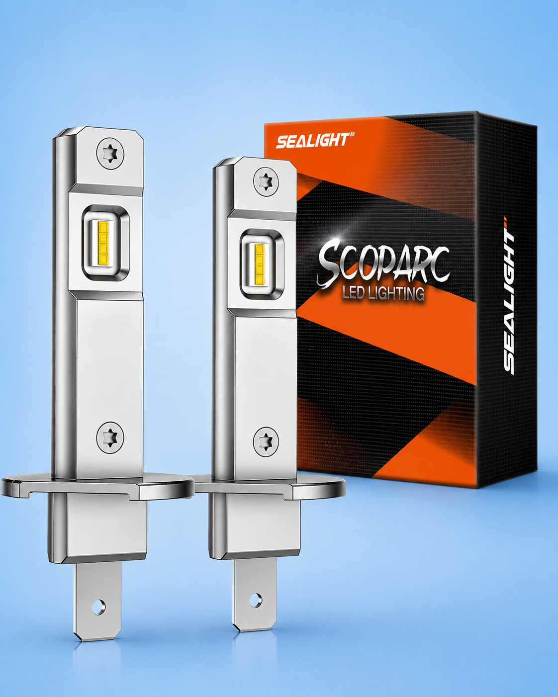 Sealight Scoparc H1 LED headlight bulbs and packaging box.