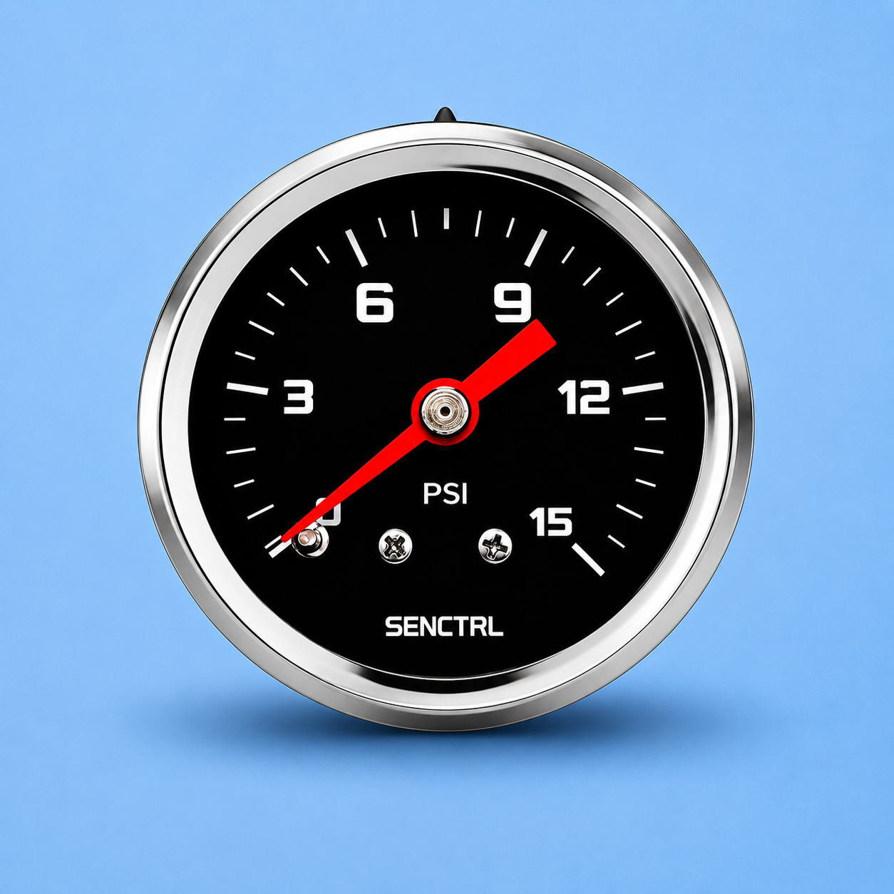 Senctrl PSI fluid pressure gauge on a blue background.