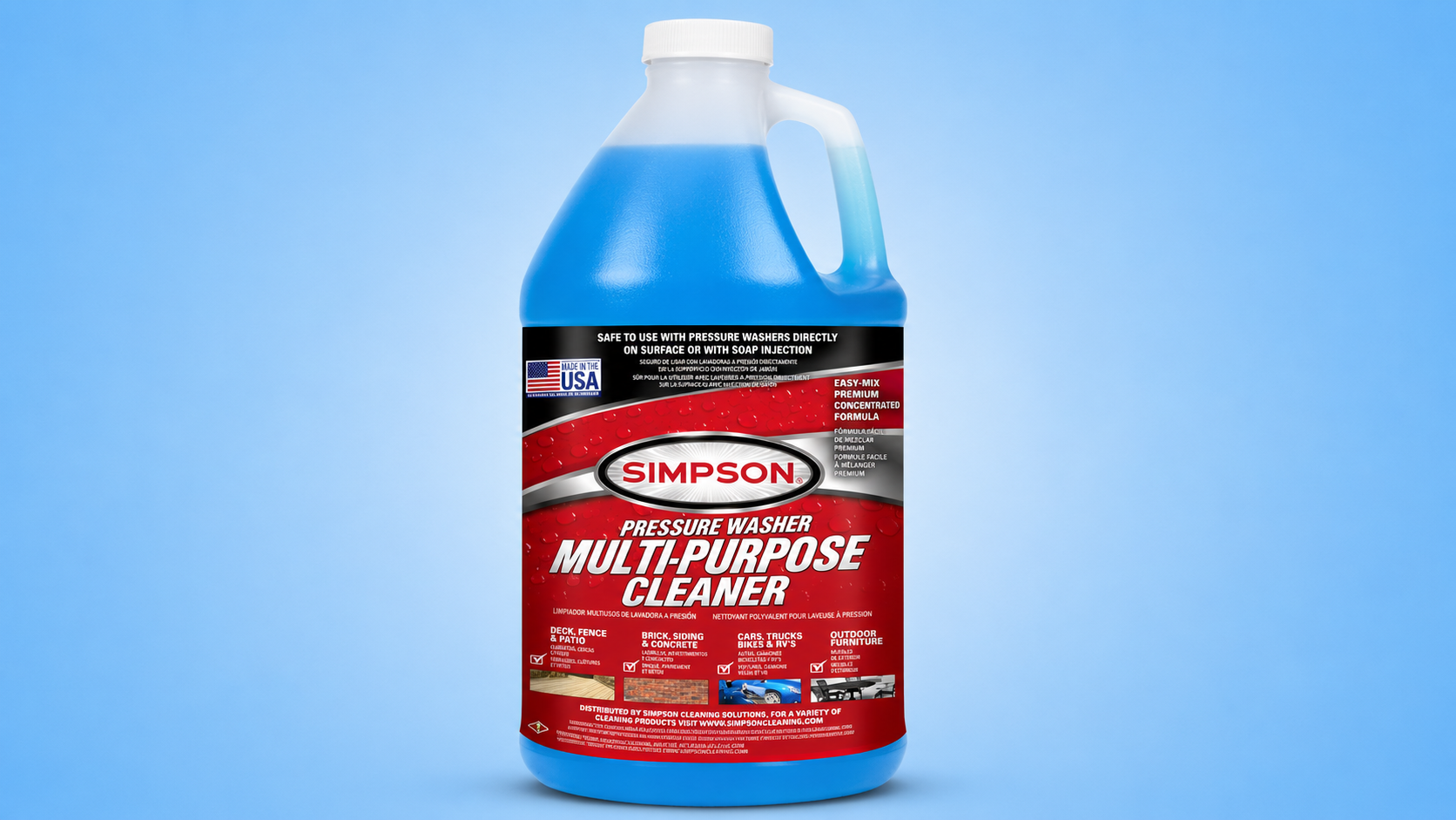 A jug of Simpson multi-purpose pressure washer cleaner on a blue background.