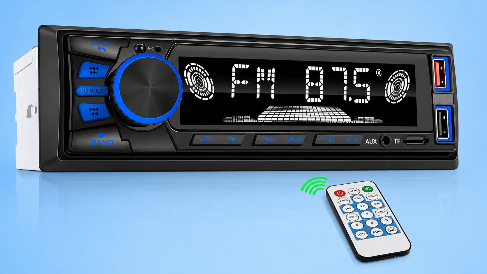 A single-DIN Bluetooth car stereo receiver with blue illumination, dual USB ports, and an included wireless remote control against a blue background.