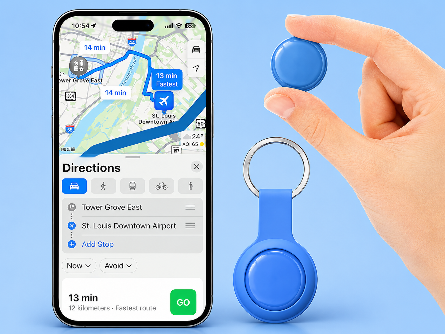 A blue smart tracker tag and keychain holder next to a smartphone displaying navigation directions.