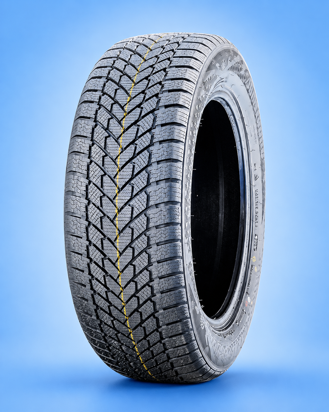 Unmounted winter tire with a prominent yellow tread stripe on a blue background.