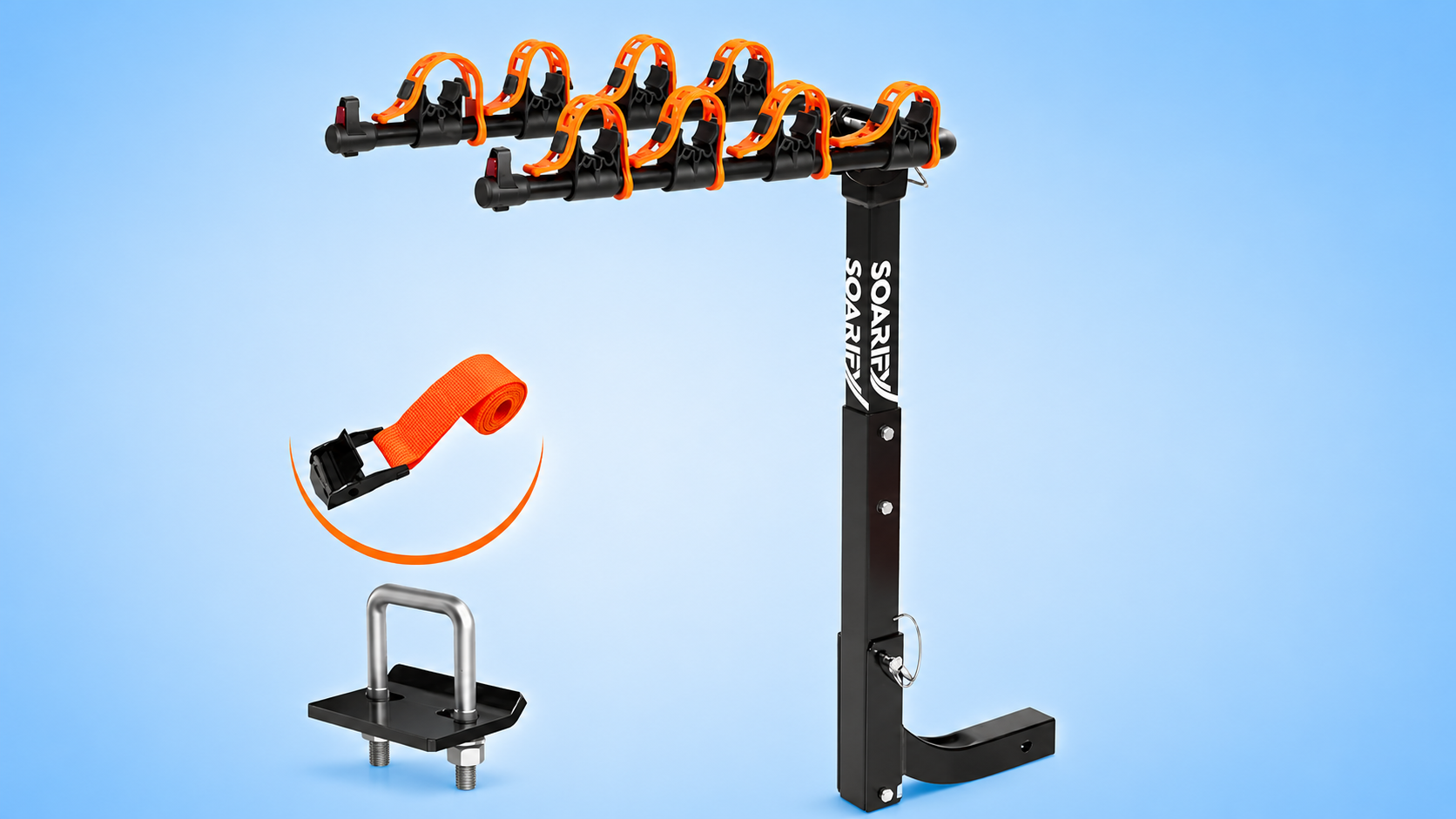 A black Soarify hitch-mounted bike rack with bright orange cradles and straps, shown alongside an orange safety strap and hitch tightener hardware against a blue background.