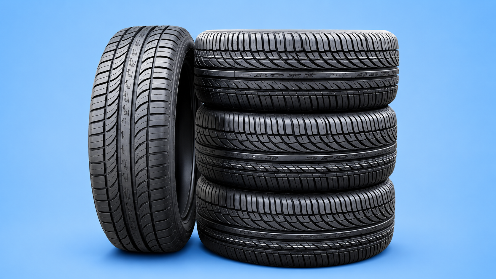 A stack of three car tires next to a single standing tire against a blue background.