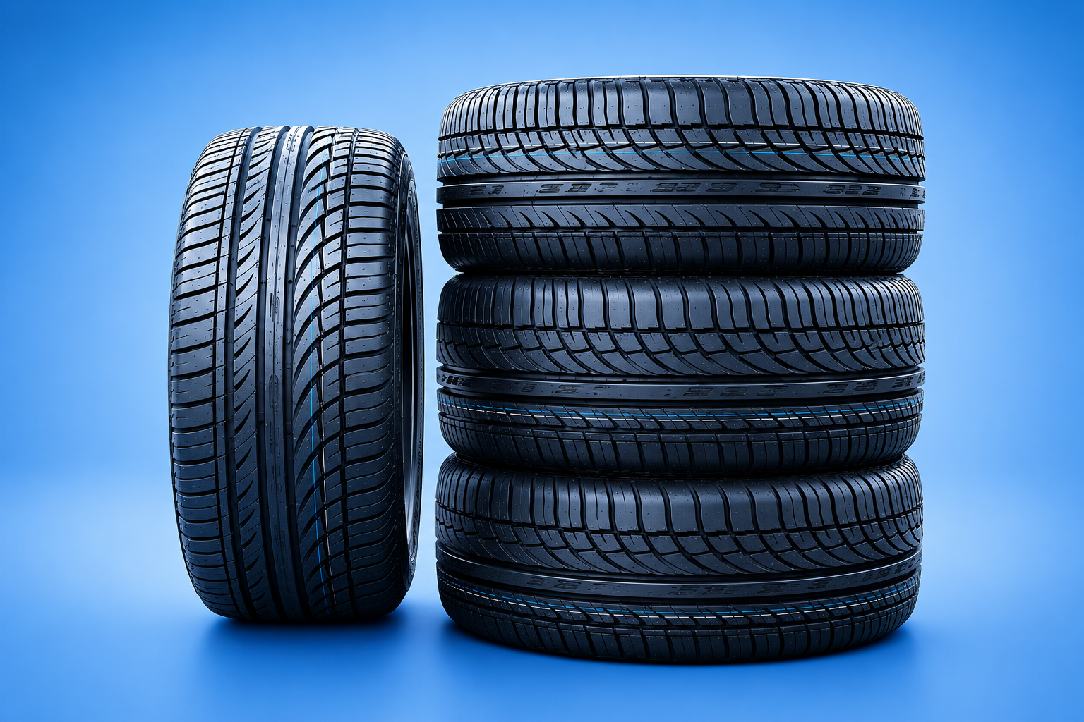 A set of four performance car tires with one upright and three stacked on a blue background.