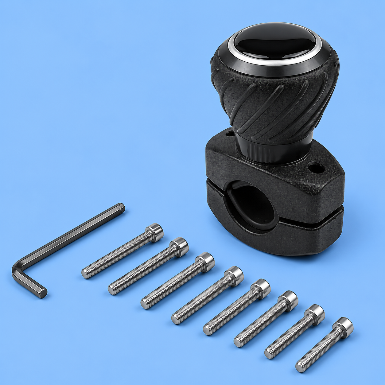A black steering wheel spinner knob with installation screws and an Allen wrench on a blue background.