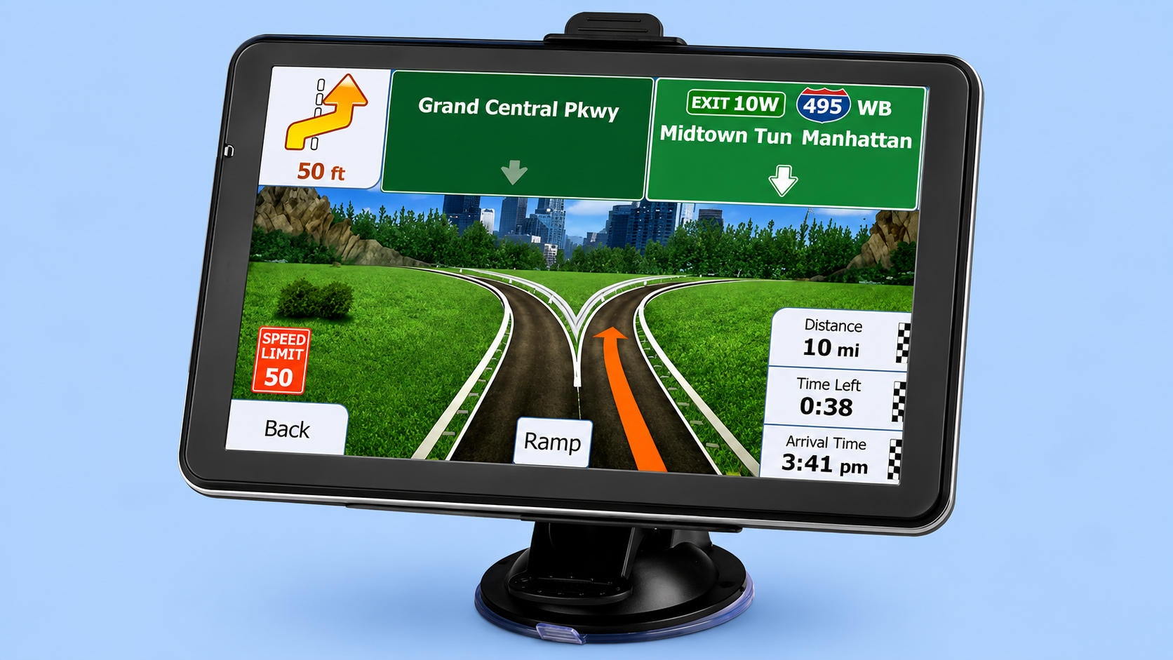 A GPS navigator on a windshield mount showing highway junction lane guidance.
