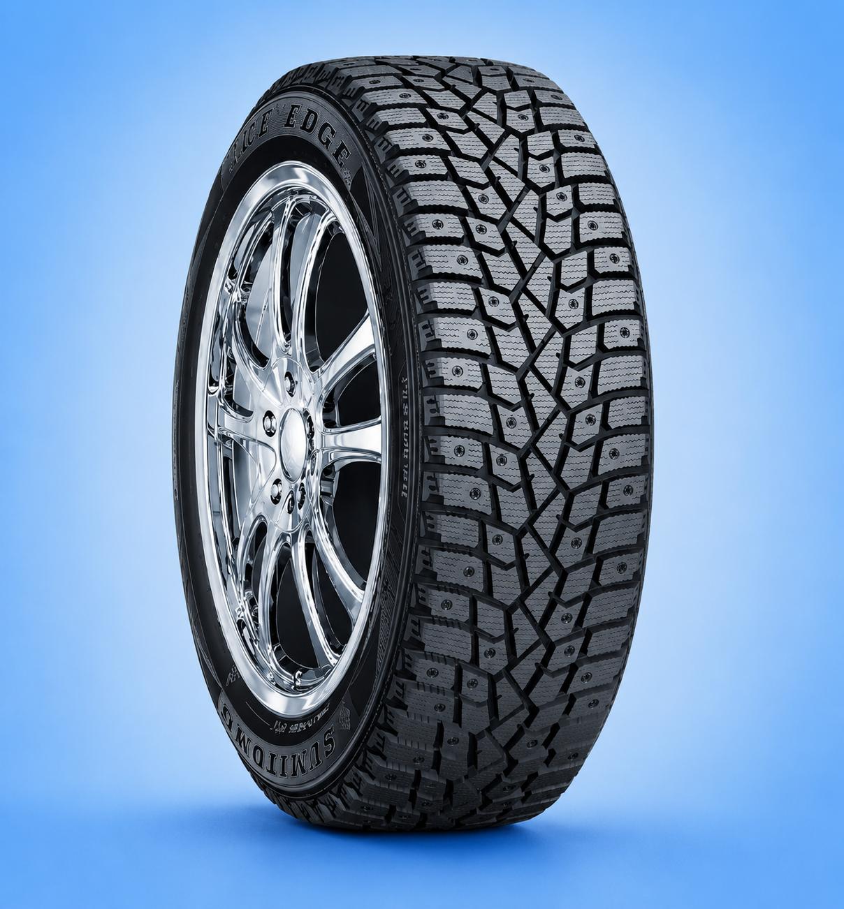 Sumitomo Ice Edge winter tire mounted on a chrome rim.