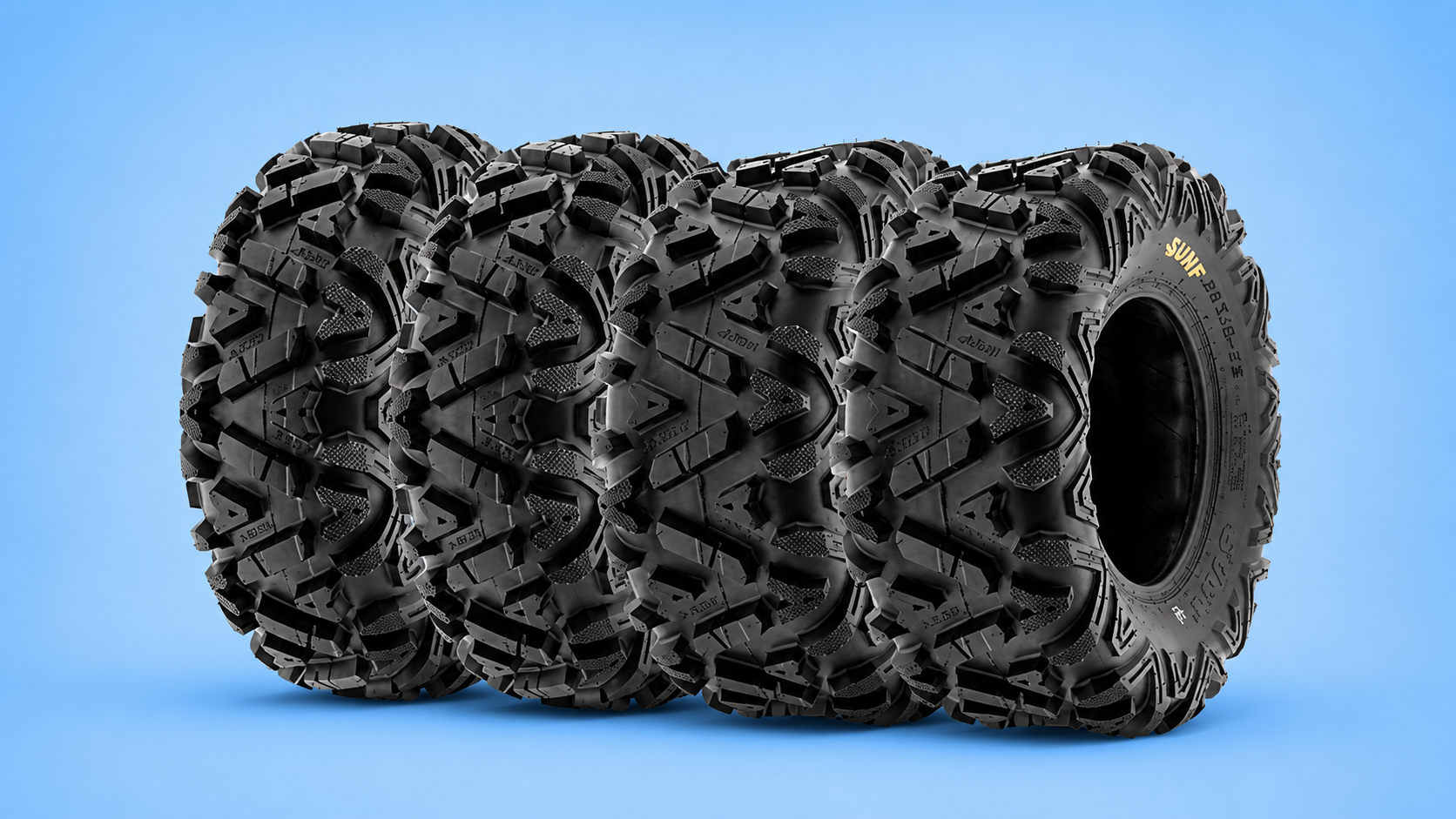 A set of four SunF all-terrain ATV or UTV tires with aggressive knobby tread patterns against a blue background.