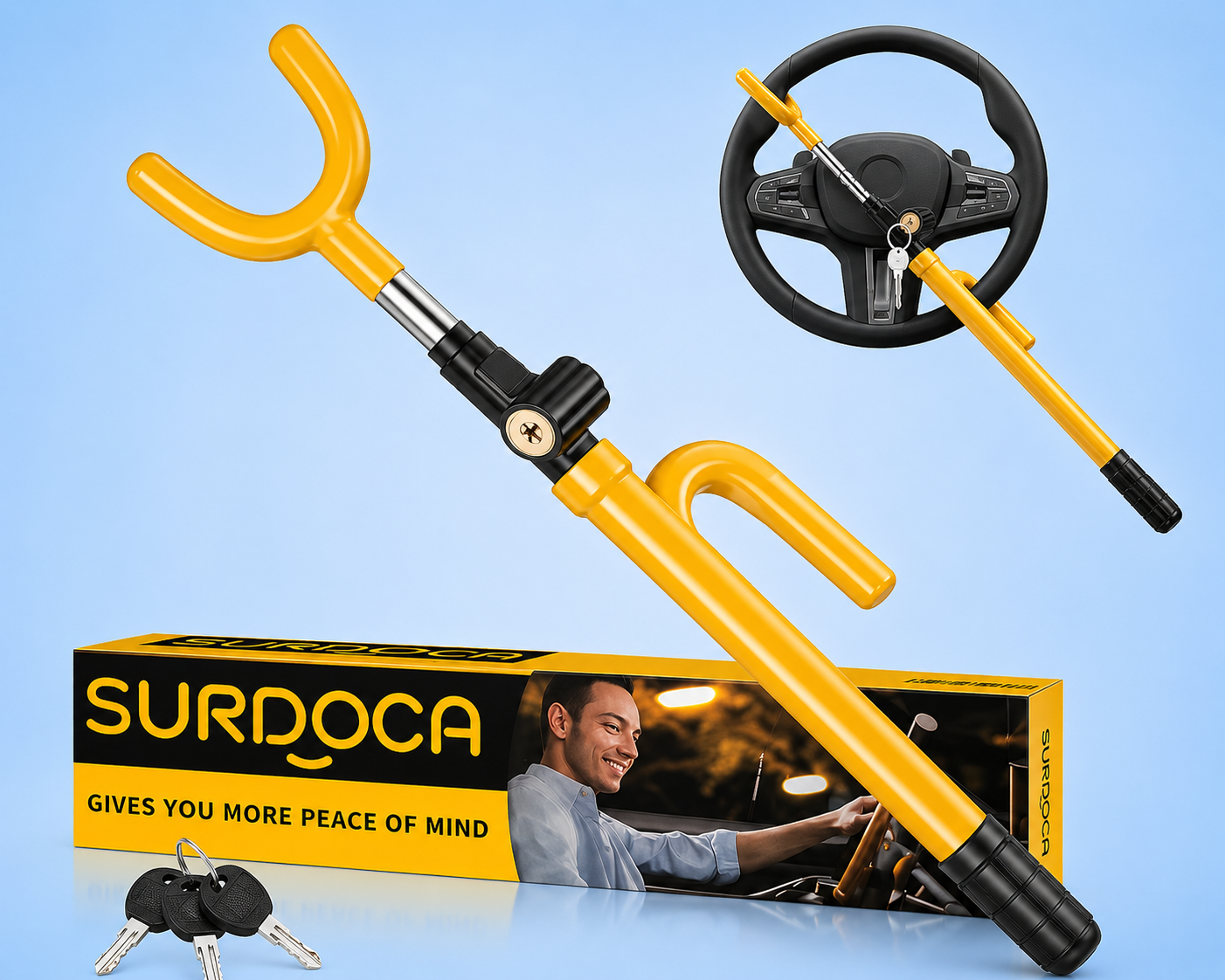 Yellow Surdoca steering wheel lock with packaging and keys on a blue background.