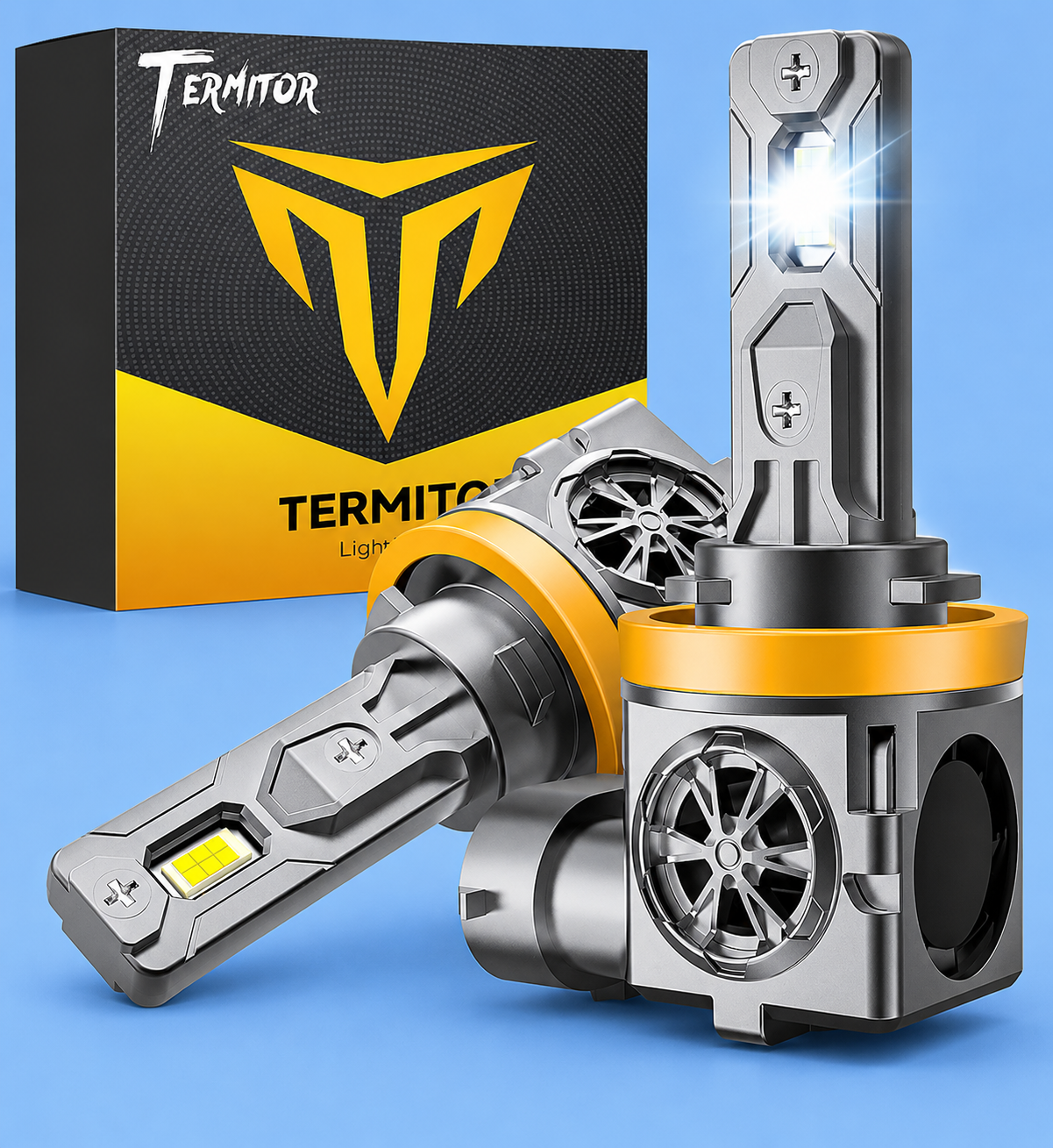 Termitor LED headlight bulbs with retail box on a blue background.