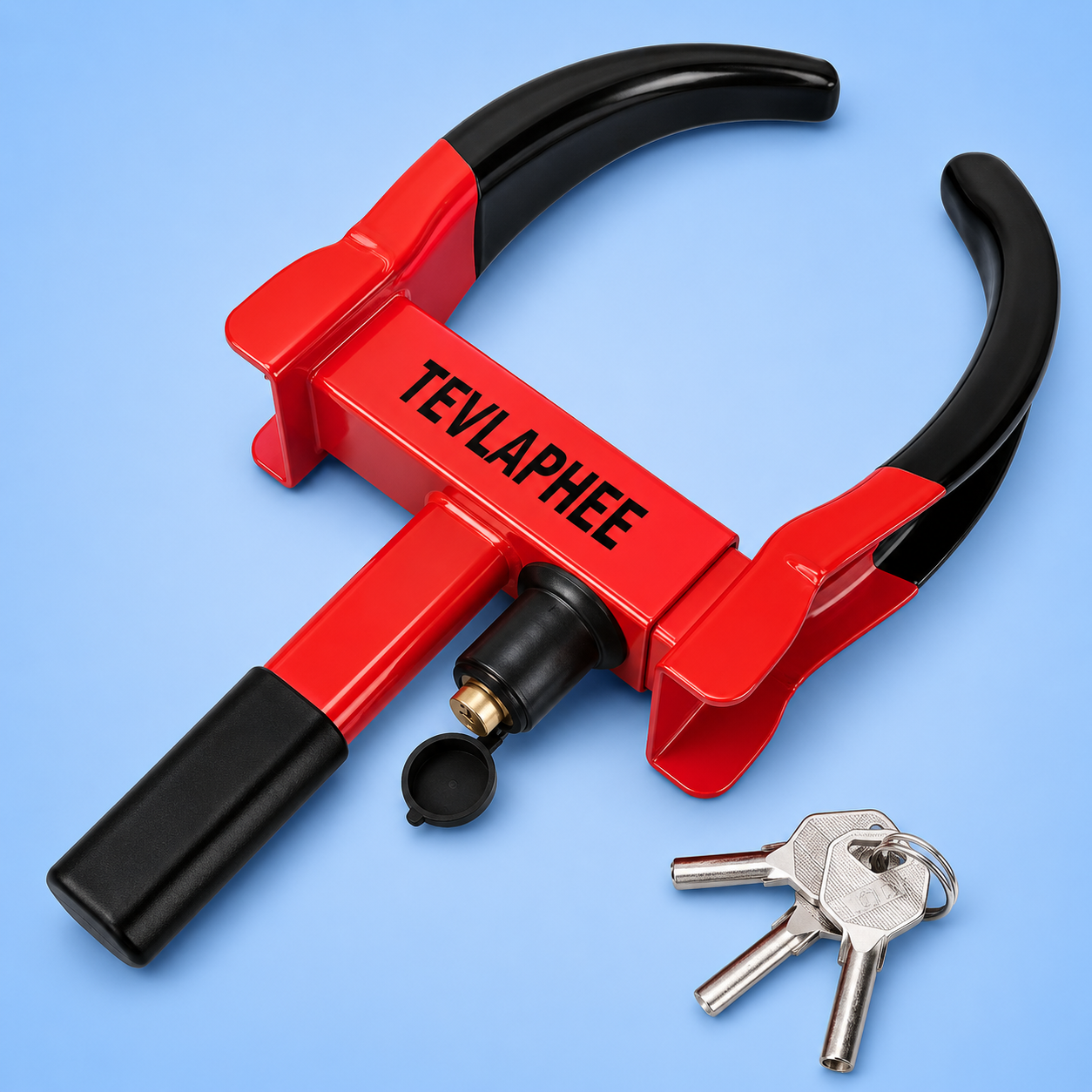 Red Tevlaphee heavy-duty wheel lock clamp with keys on a blue background.