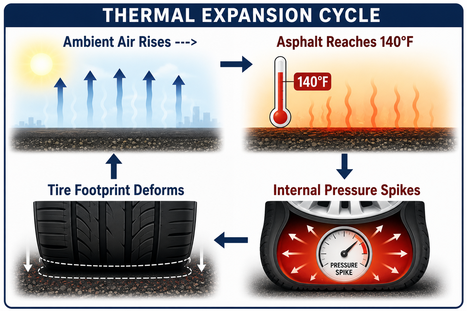 Diagram explaining the thermal expansion cycle of a tire on hot asphalt.