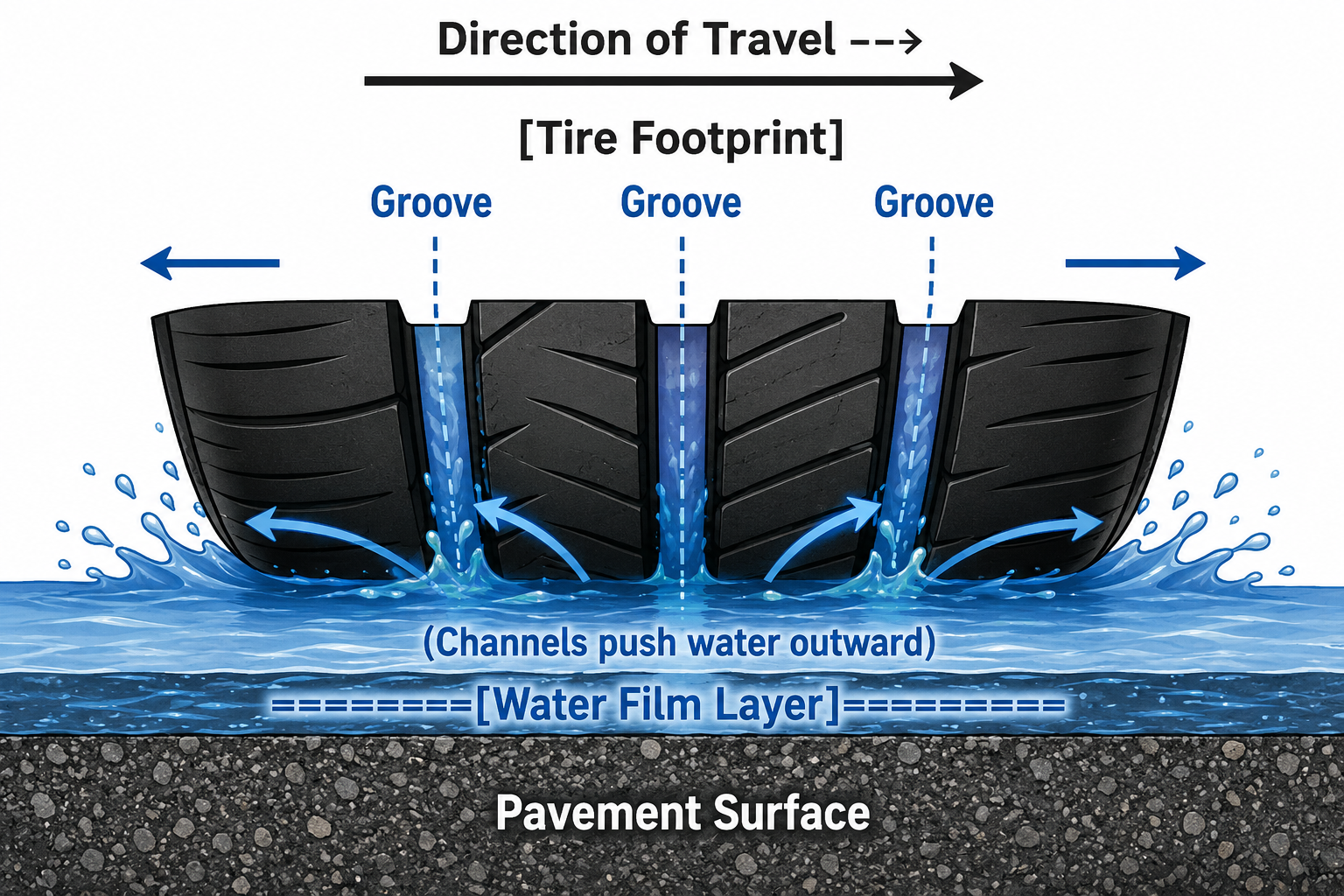 Diagram showing how tire tread grooves channel water outward on a wet pavement surface to prevent hydroplaning.