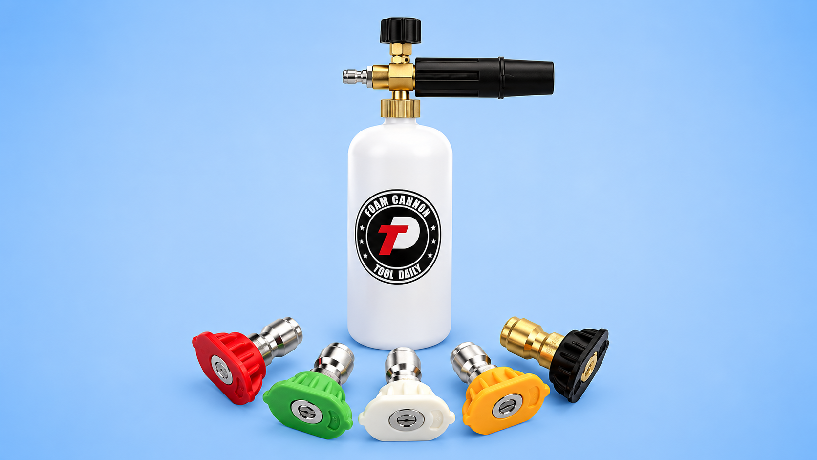 A Tool Daily foam cannon lance bottle surrounded by five different colored pressure washer spray nozzle tips against a blue background.