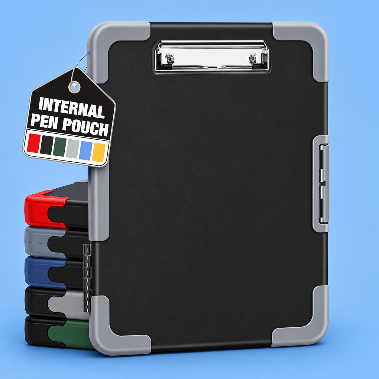 A heavy-duty storage clipboard case with an internal pen pouch tag on a blue background.