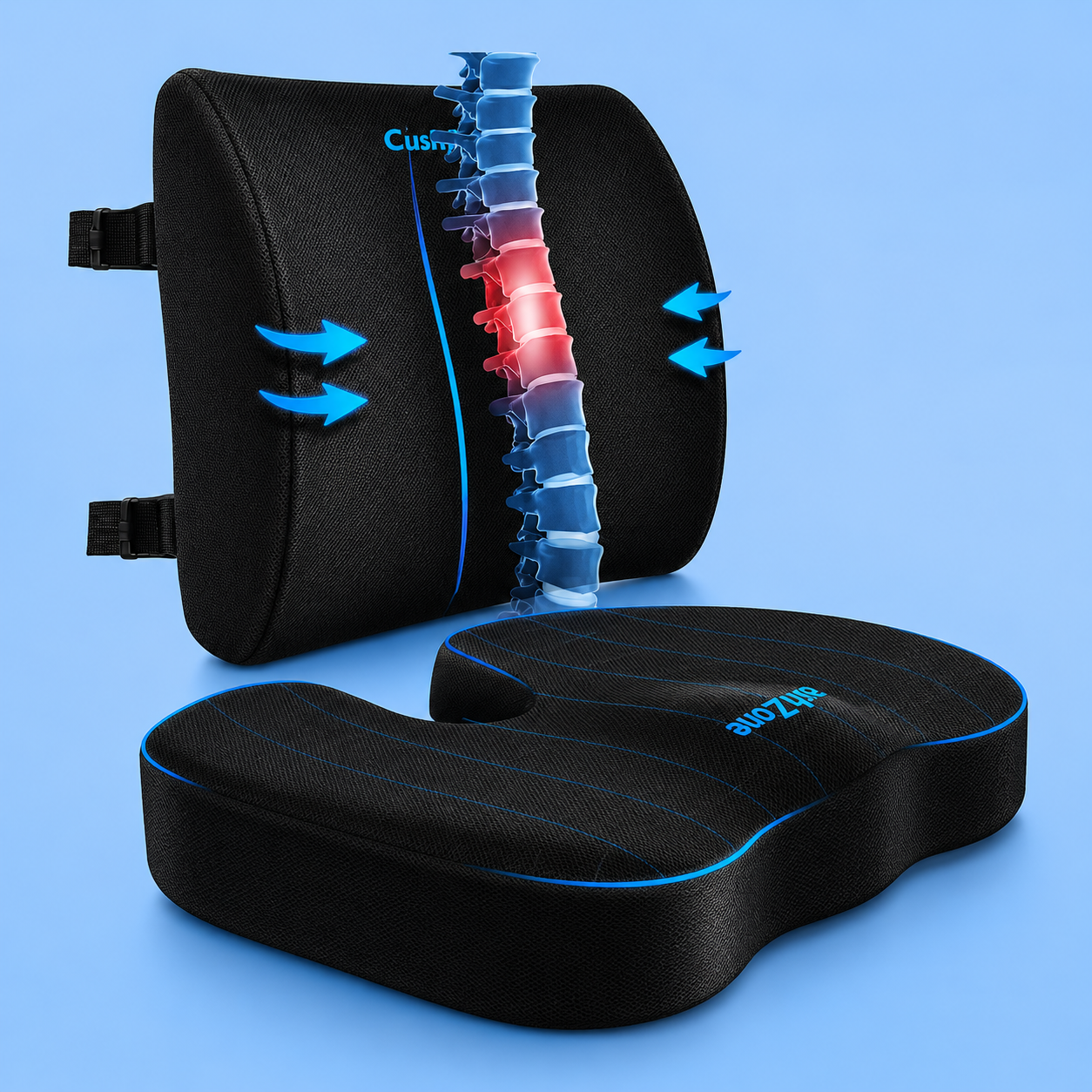 An ergonomic memory foam seat cushion and lumbar support pillow set on a blue background.