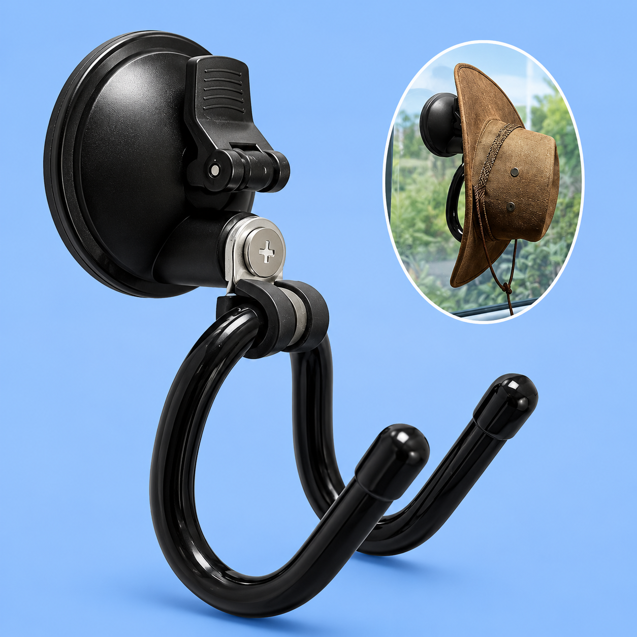A heavy-duty suction cup hat mount for a truck window shown next to an inset example holding a cowboy hat.
