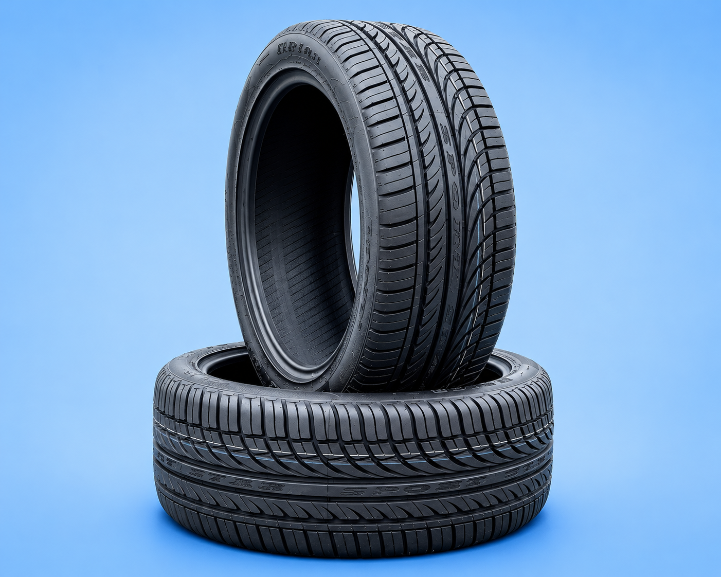 Two performance car tires stacked on a blue background.