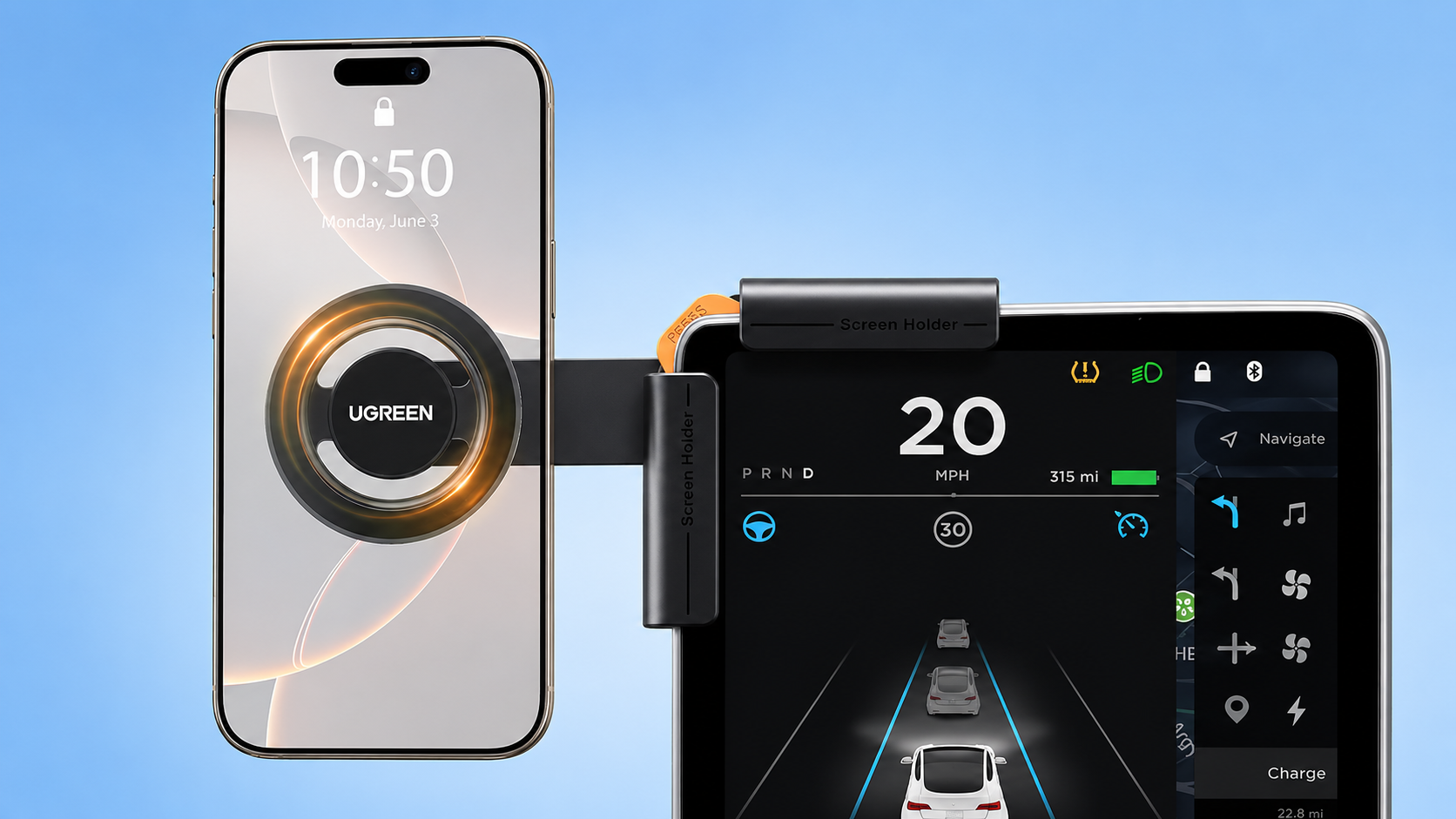 Ugreen magnetic phone mount attached to a Tesla dashboard touch screen on a blue background.