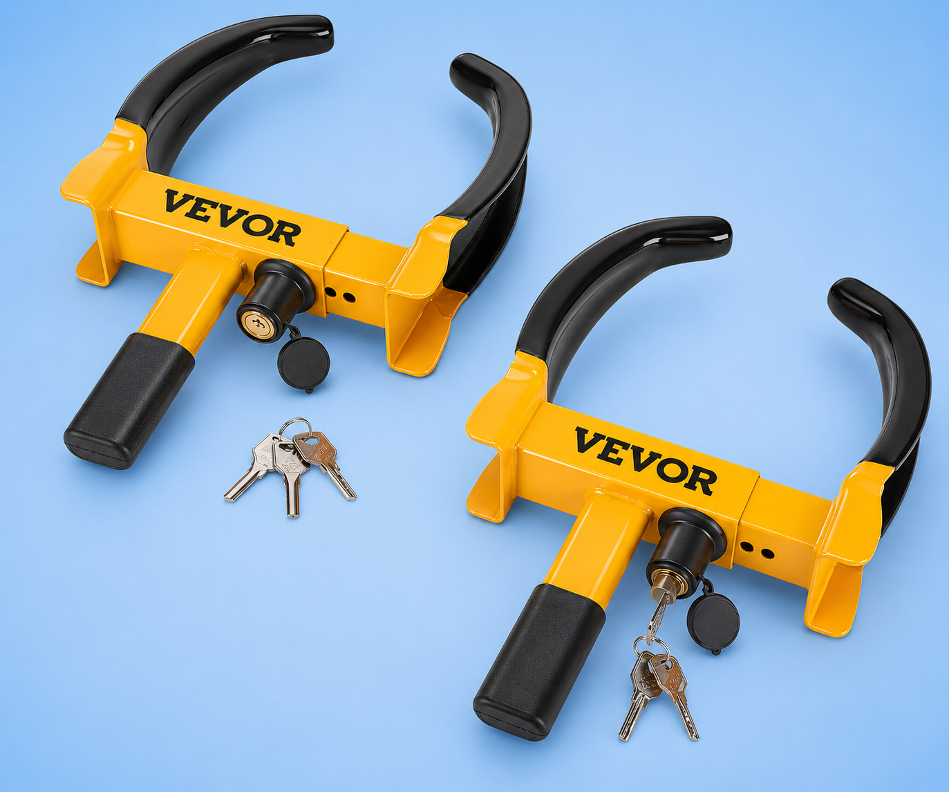 Yellow Vevor heavy-duty wheel lock clamps with keys on a blue background.