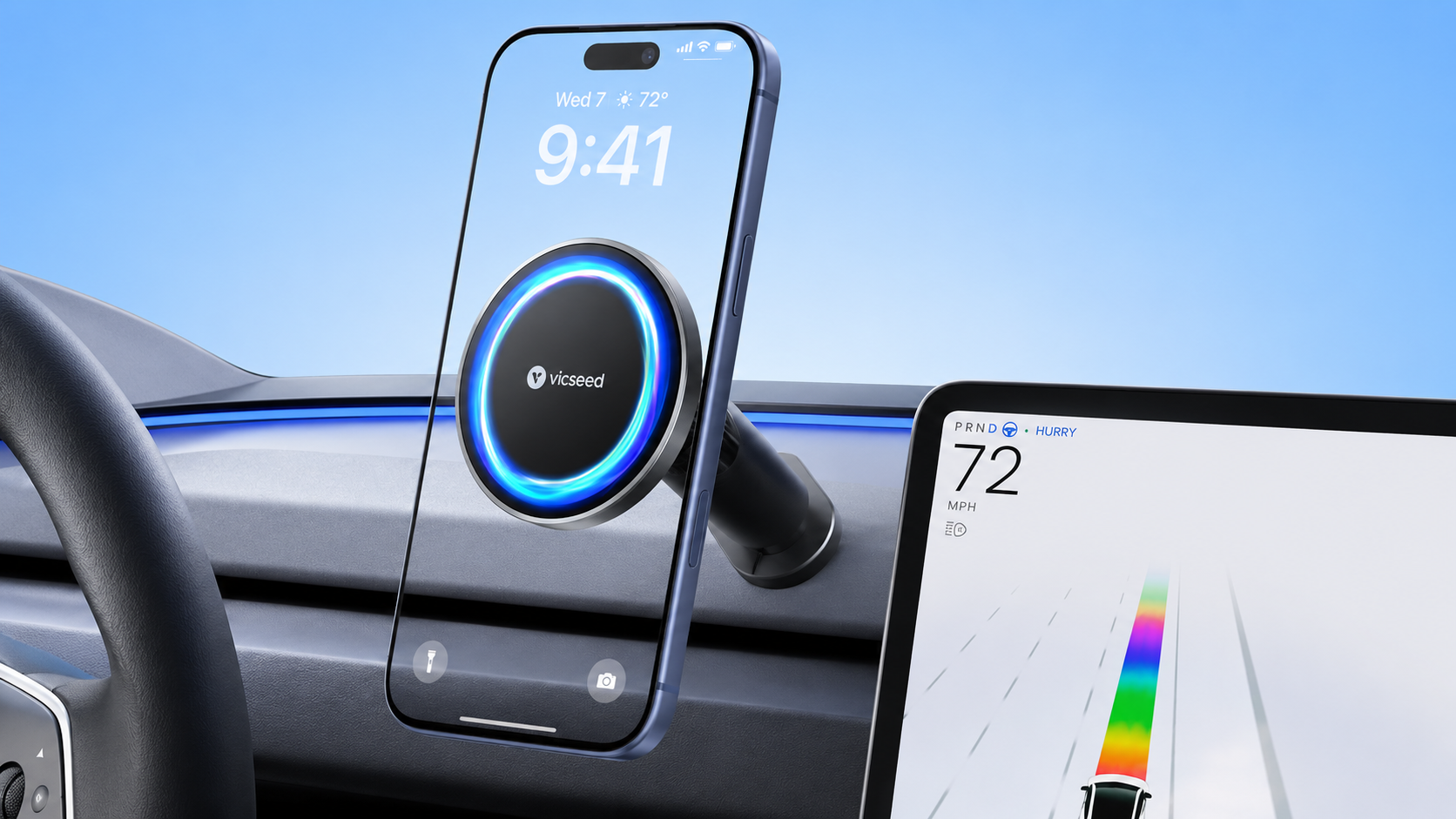 Vicseed magnetic phone mount with blue LED ring light installed on a Tesla dashboard.