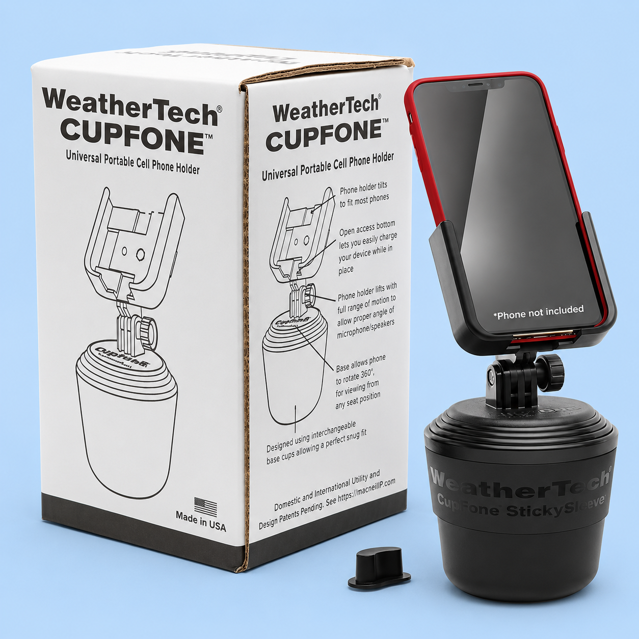 WeatherTech CupFone universal cell phone holder with its product retail packaging box on a blue background.