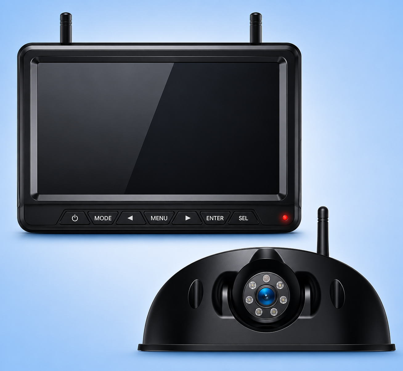 Wireless backup camera system with a monitor and dome camera.