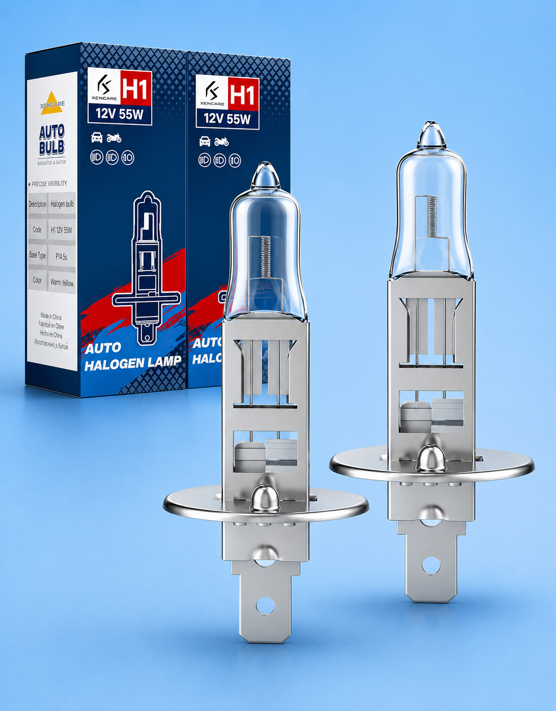 Xencare H1 halogen headlight bulbs and boxes on a blue background.