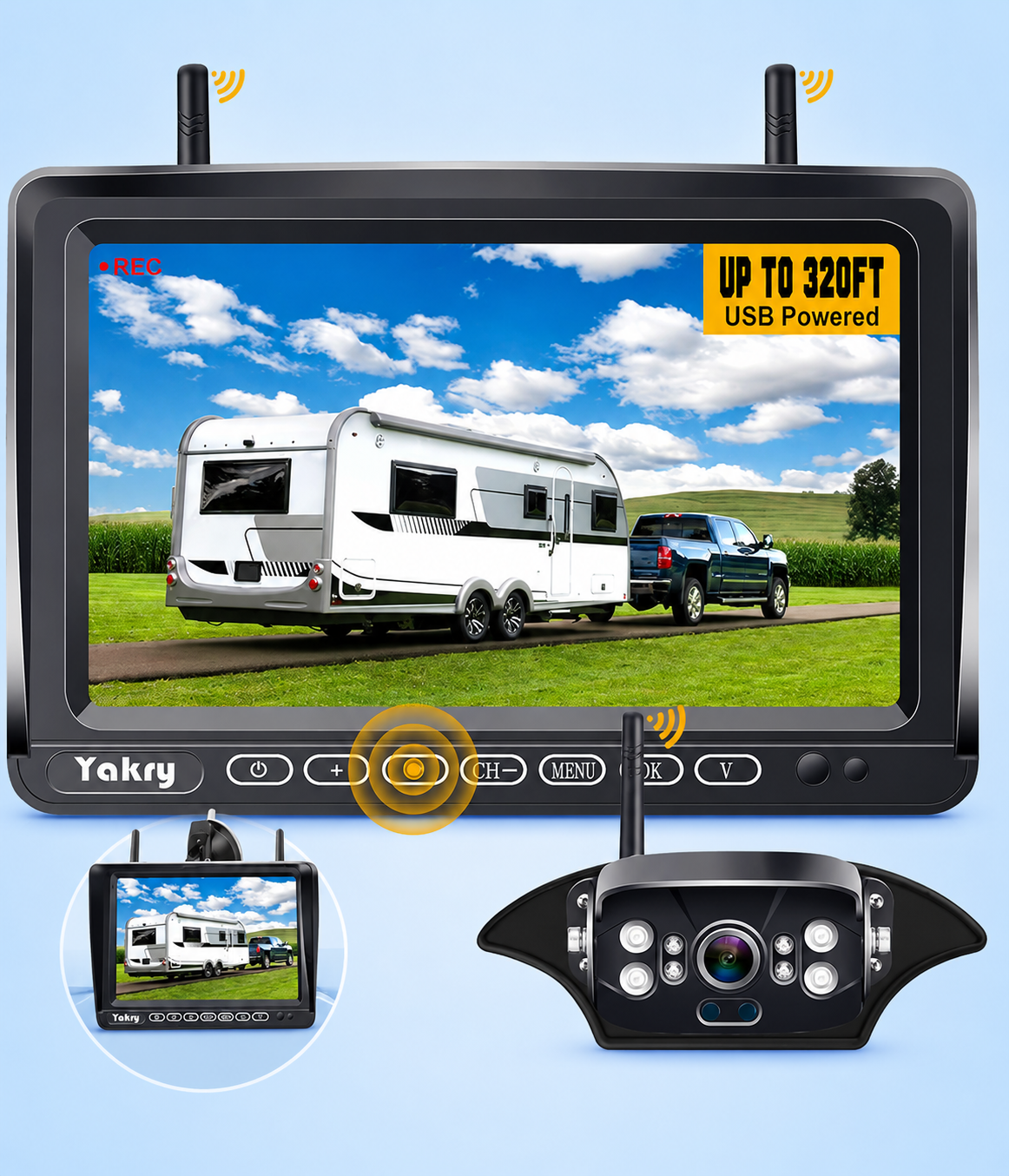 Yakry wireless RV backup camera kit with a digital monitor display and camera.