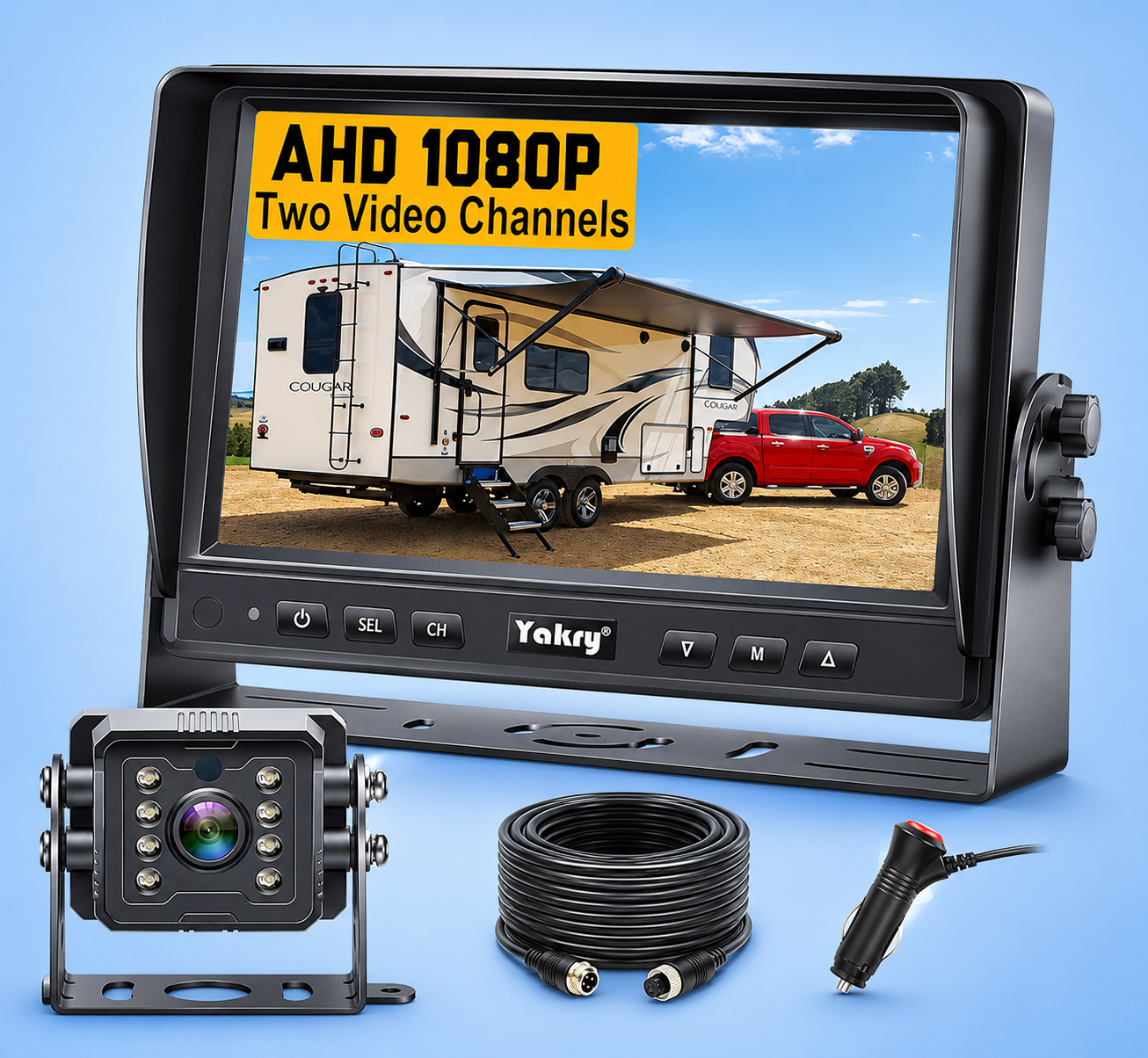 Yakry wired RV backup camera system with monitor, camera, cable, and power adapter.