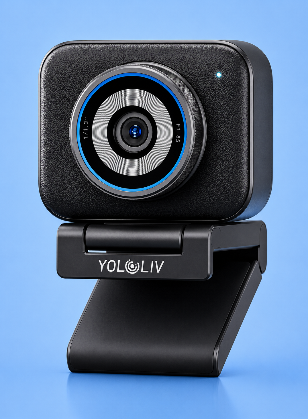 Yololiv streaming webcam with leather texture and blue accent ring on a blue background.
